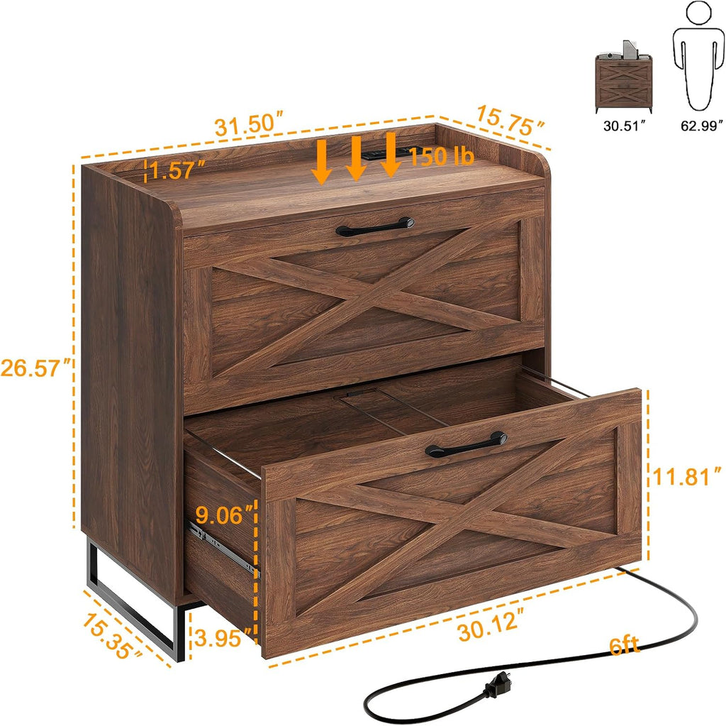 2 Drawer Lateral File Cabinet with Charging Station Dark Walnut Filing