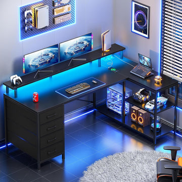 L Shaped Gaming Desk with 4 Drawers, Shelves, Power Outlets, Black