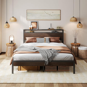 Queen Bed Frame with Headboard, Dark Wood Camas Queen with Strong Supports, Sturdy, Noise-Free, No Box Spring Needed