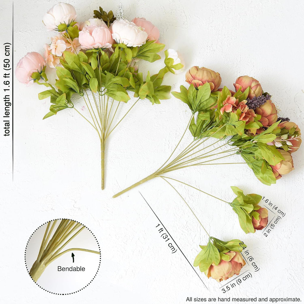 Artificial Peony Bouquets, 2 Silk Flower Bundles in Mixed Pale Pink & Tawny Brown with Hydrangeas for Wedding
