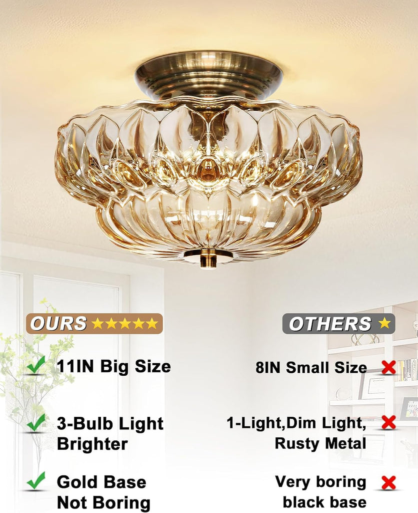 Semi Flush Mount Ceiling Light,Vintage Gold Hallway Lights Fixture | 11IN 3-Bulb Bright Even Light,Amber Glass Close