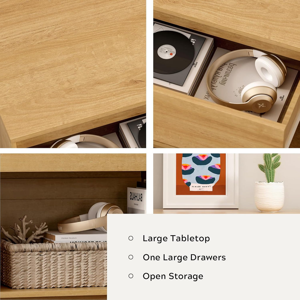 Wood End Side Table Modern Farmhouse Nightstand Bedside Cabinet with Storage Drawer and Open Shelf , Natural Oak