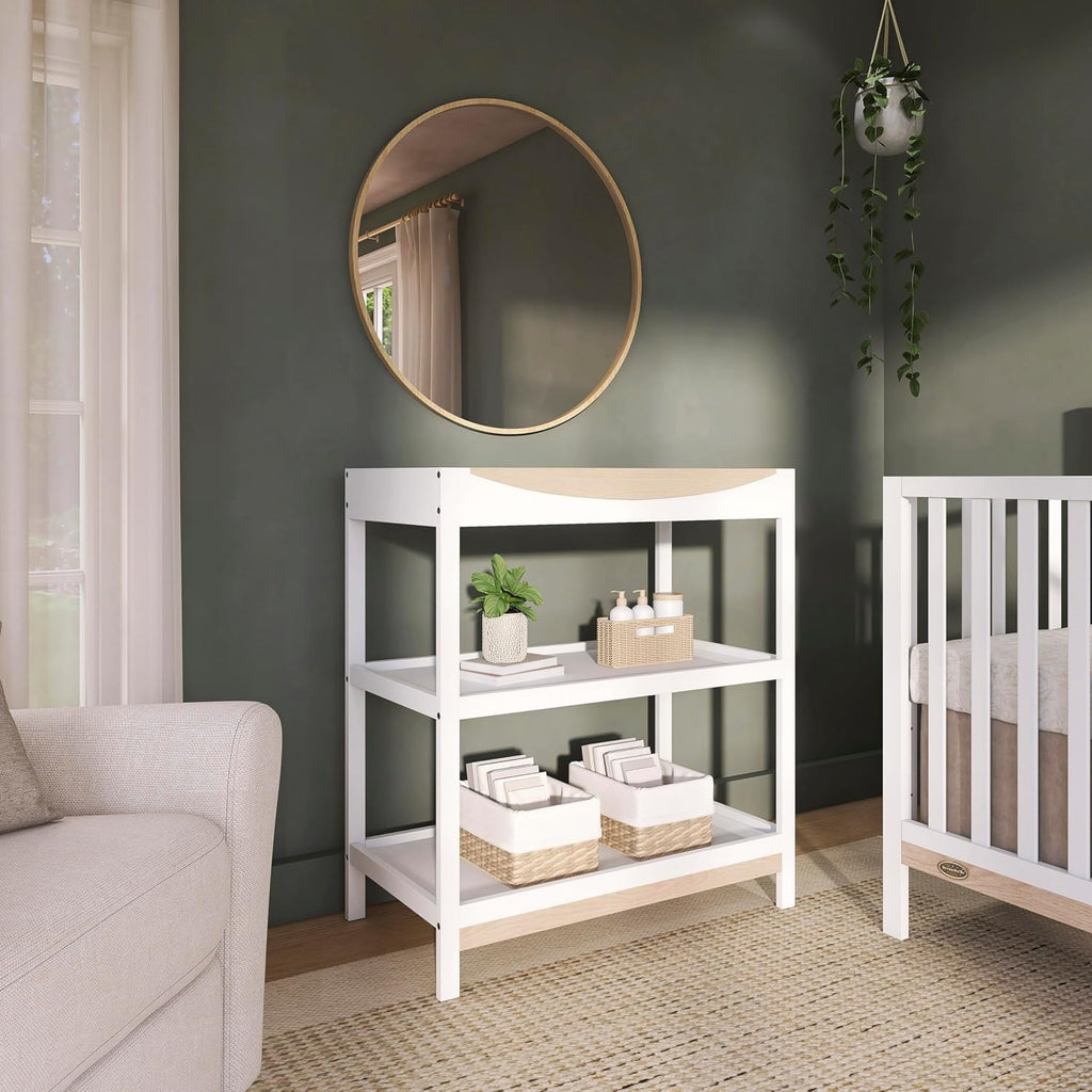 Baby Changing Table - Compact Modern Changing Station with 2 Open Shelves, New Zealand Pinewood