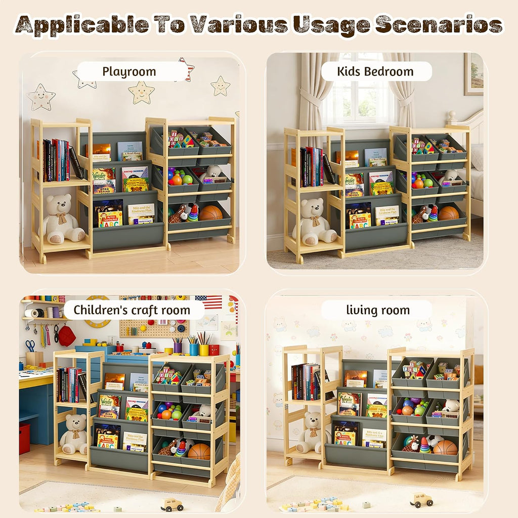 Kids Book and Toy Storage Organizer with Bins and Side Shelves | Solid pine wood frame with front book display for