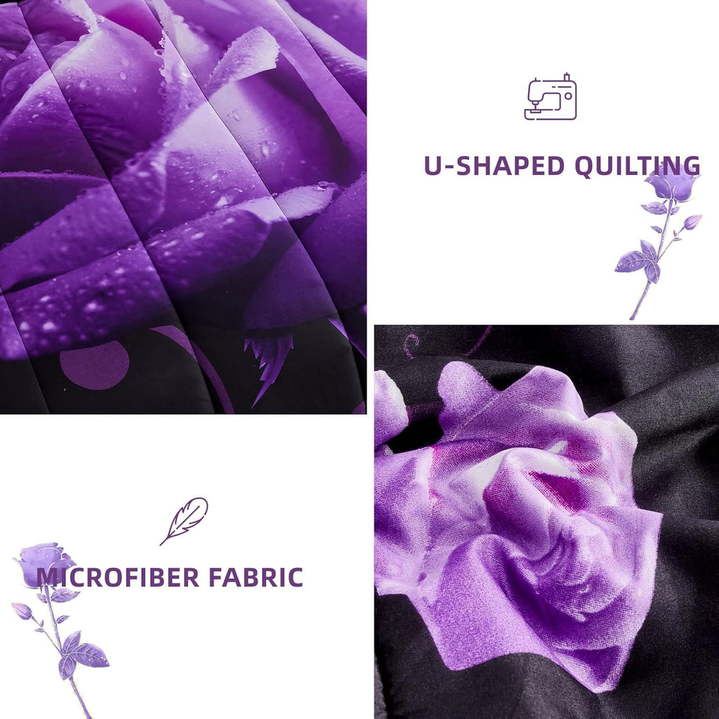 Purple Comforter Set, Reversible Purple Rose 7 Pieces Bed in a Bag