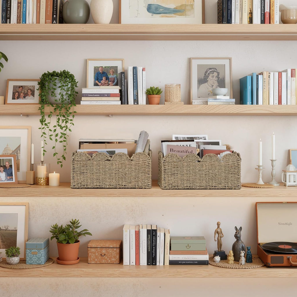 Scalloped Seagrass Baskets, Hand-woven Rattan Baskets with Built-in Handles, Cute Baby Basket , Basket for Organizing
