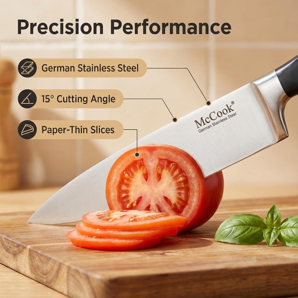 Kitchen Knife Set 15PC Knife Block Set w Built-in Sharpener | German Forged Stainless Steel,Razor