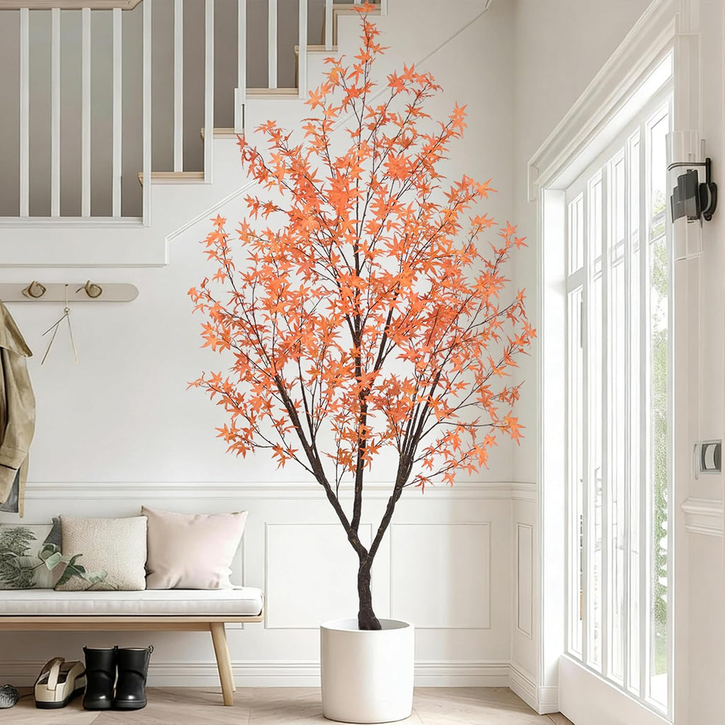 Autumn Maple Tree 8.5FT with 900 Red & Orange Leaves Fall Décor Tall Large Faux 102 Inch Plant Black Pot for Indoor