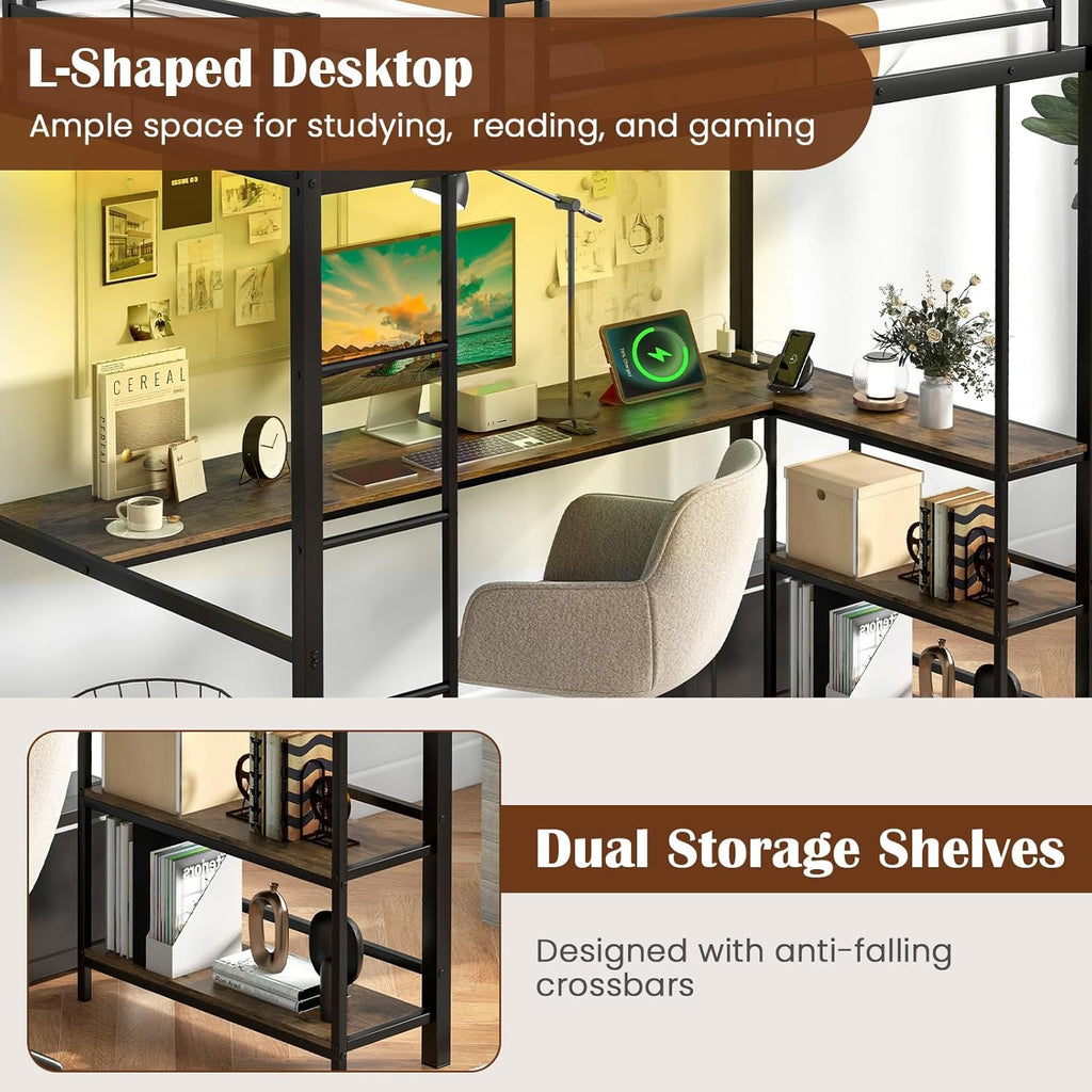Twin Loft Bed with L-Shaped Desk & Storage Shelves, Metal Loft Bed with Power Outlet & LED Lights, Anti-Tipping Kits