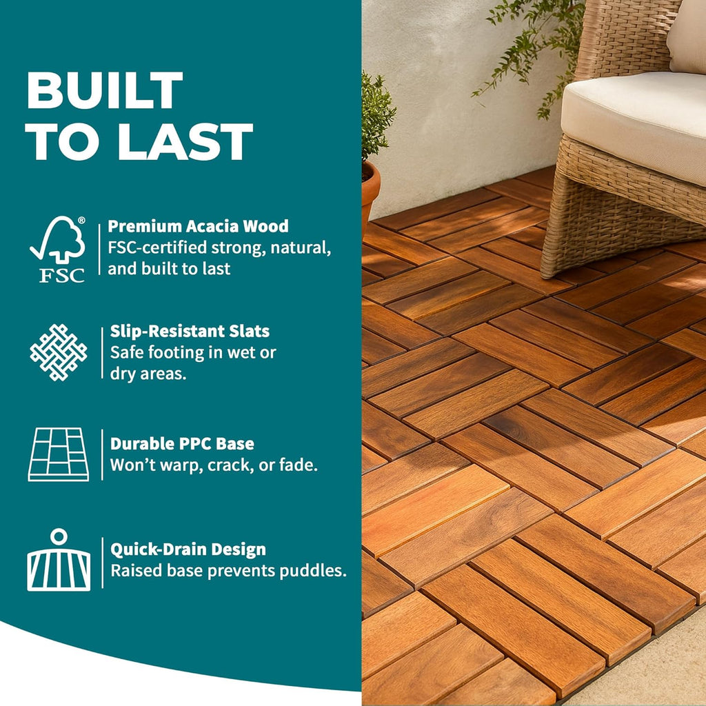 Bliss Outdoors Hardwood 12-Slat Interlocking Deck Tiles, Acacia Wooden Waterproof Patio Flooring for Balcony Indoor and