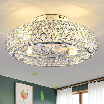 Caged Crystal Ceiling Fans with Lights and Remote,20" Flush Mount Low Profile Ceiling Fan with Light