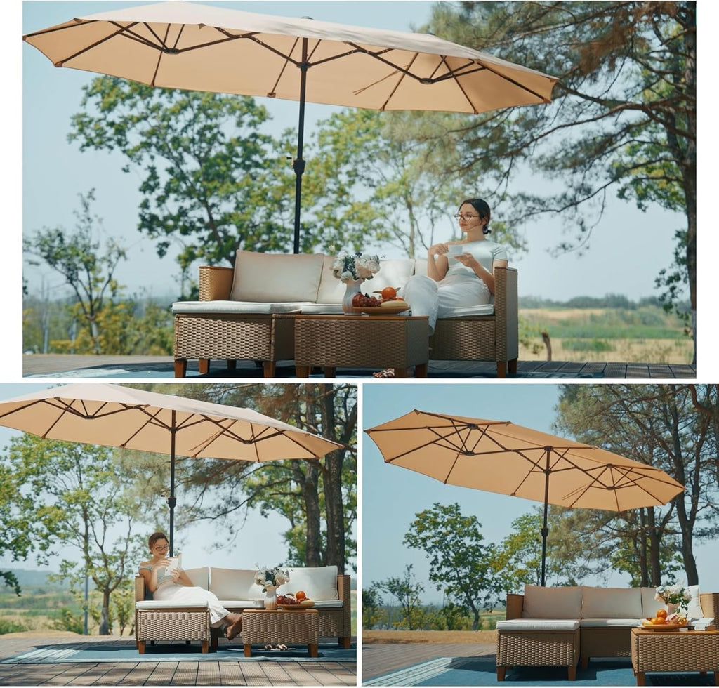 13 ft Outdoor Patio Umbrella, Large Rectangular Double Sided Market Table Twin Umbrellas with Crank Handle Pool(Beige)