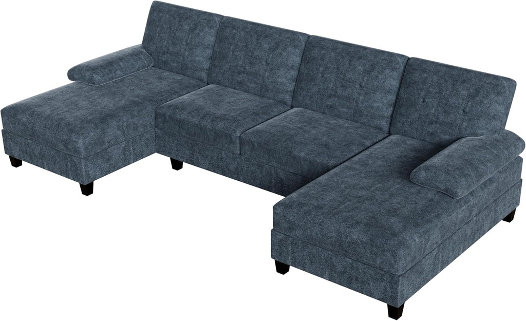 U-Shaped Sectional Couches , 4 Seat Sofa with Double Chaise Lounges,Solid Wood Frame Sectional Sofa ,Dark Grey