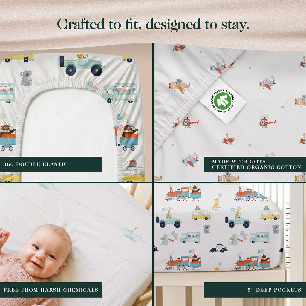 100% Organic Cotton Mini Crib Sheets, 27" x 39", Tiny Explorers, 3-Pack
