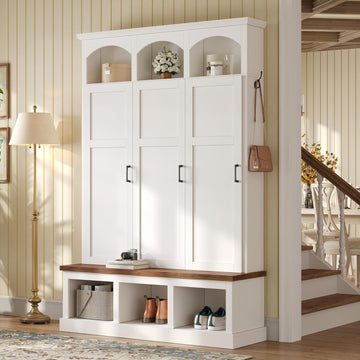 Classic Arched Hall Tree with 3 Hidden Storage, Farmhouse Mudroom Bench with 5 Hooks, Mid-Century Entryway Organizer