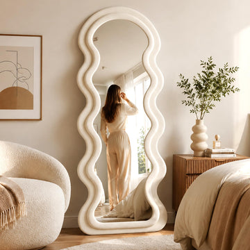 63"x24" Full Length Floor Mirror, Irregular Wavy Wave Arched Design, Wall Mounted or Leaning Standing, Flannel