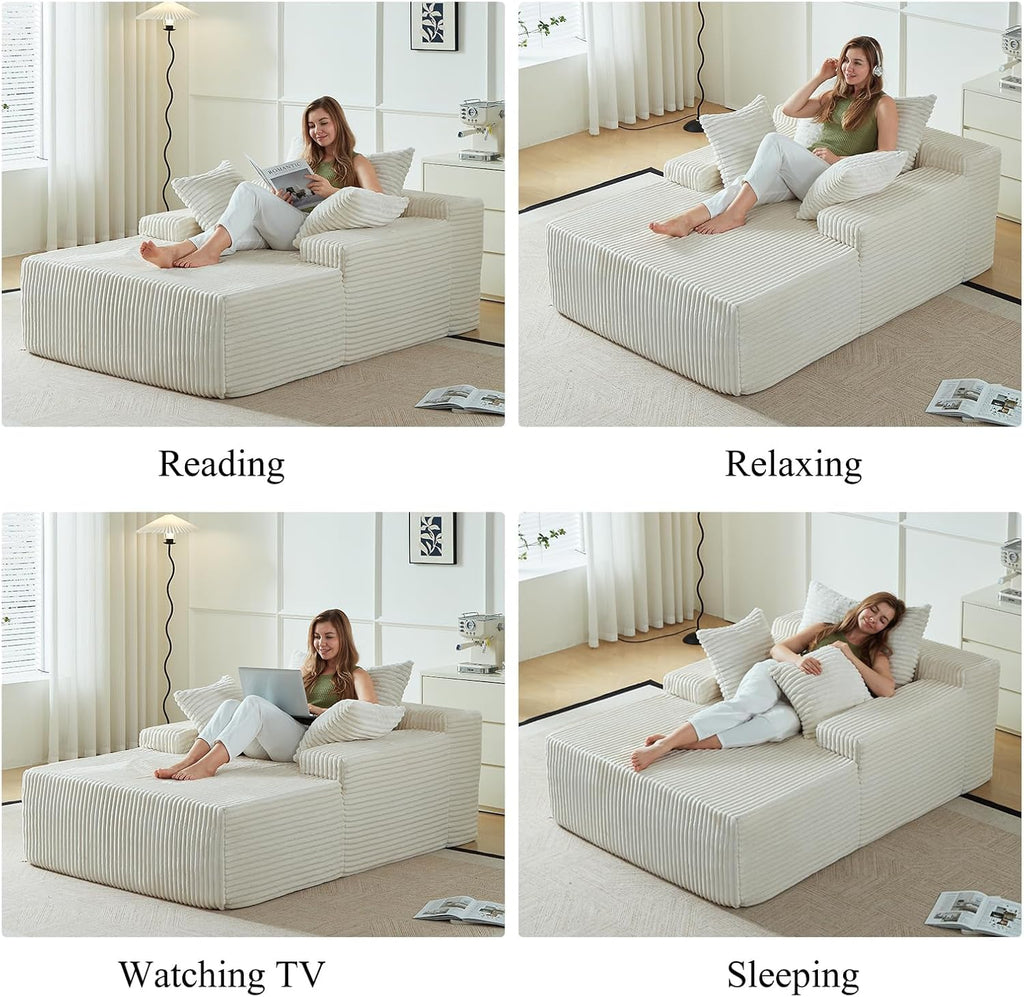 67 Inch Chaise Lounge Chair Indoor, Oversized Upholstered Boneless Sofa Bed, Corduroy Deep Seat Sleeper Couch Reading