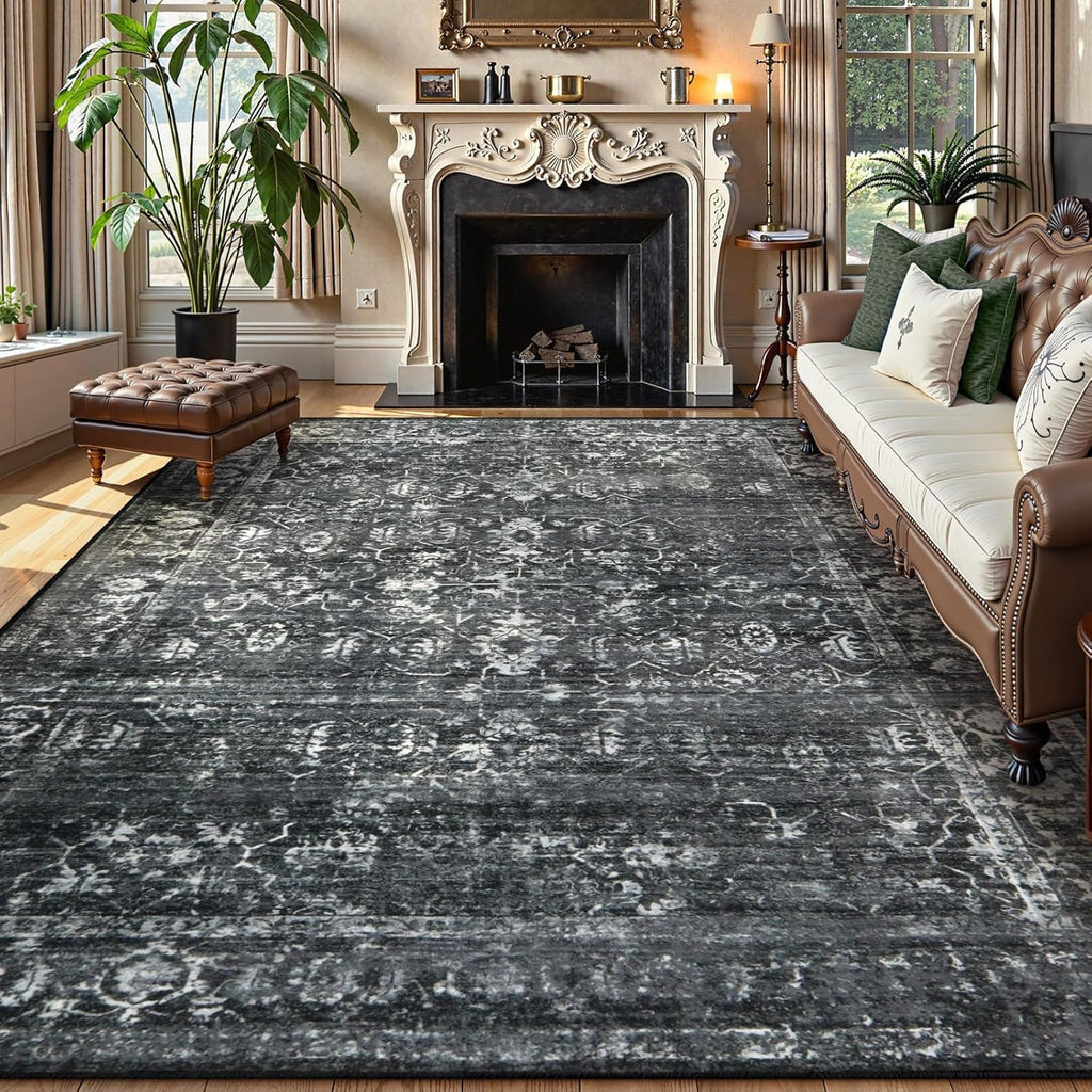 Margot Area Rugs 9x12 Living Room Soft Large Rugs for Bedroom, Boho Black Dining Room Rug, Distresse