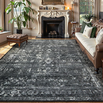 Margot Area Rugs 9x12 Living Room Soft Large Rugs for Bedroom, Boho Black Dining Room Rug, Distresse
