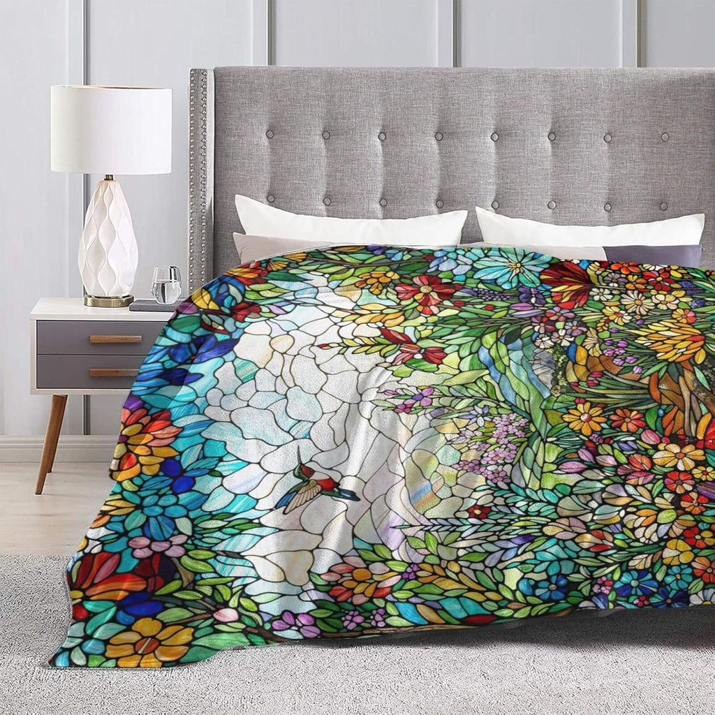 Colorful Boho Wildflower Stained Glass Throw Blanket Super Soft Air Conditioning Flannel Blankets Cozy Warm Plush