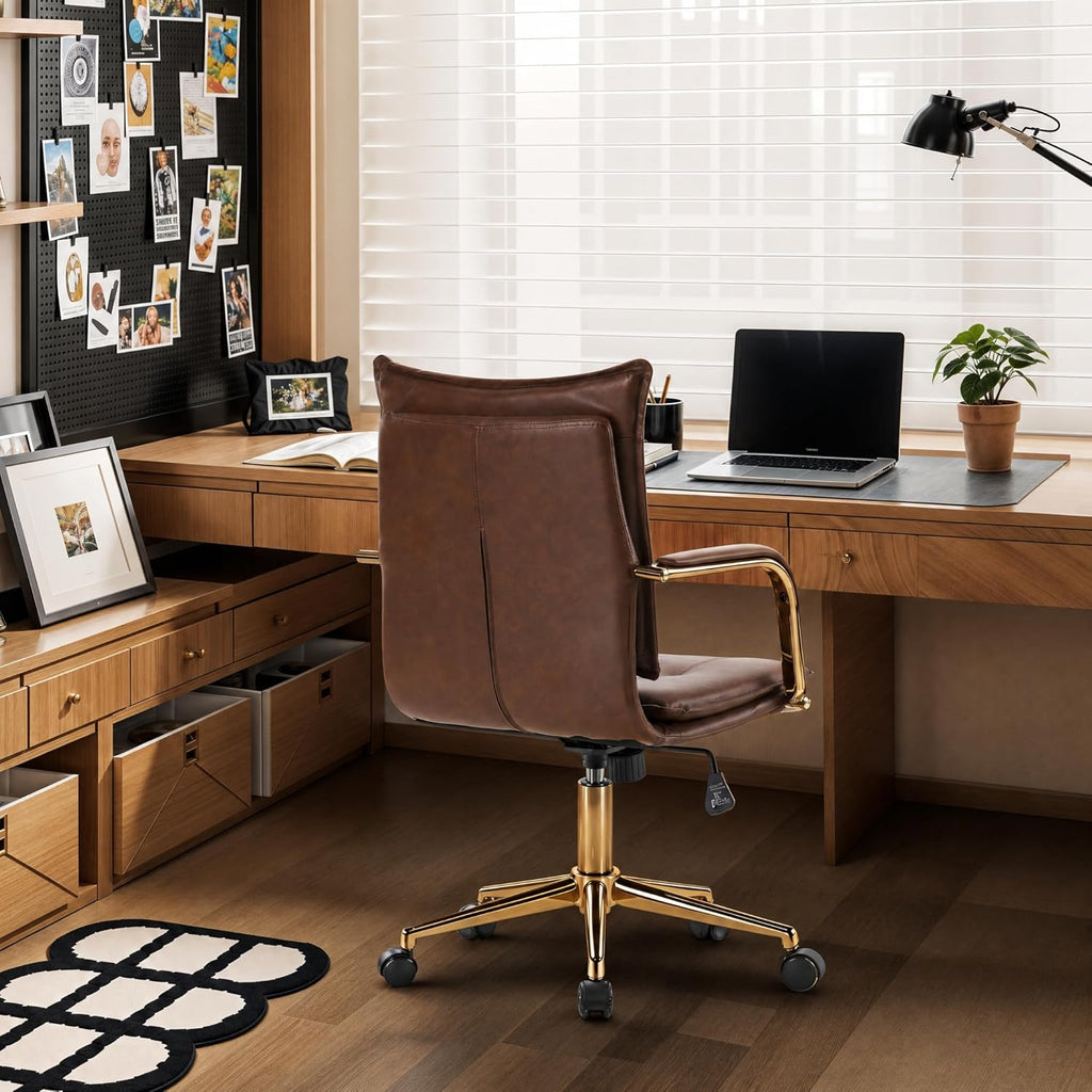 Mid-Back Ergonomic Leather Office Desk Chair, Modern Upholstered Computer Chair, Executive with Arms, Swivel