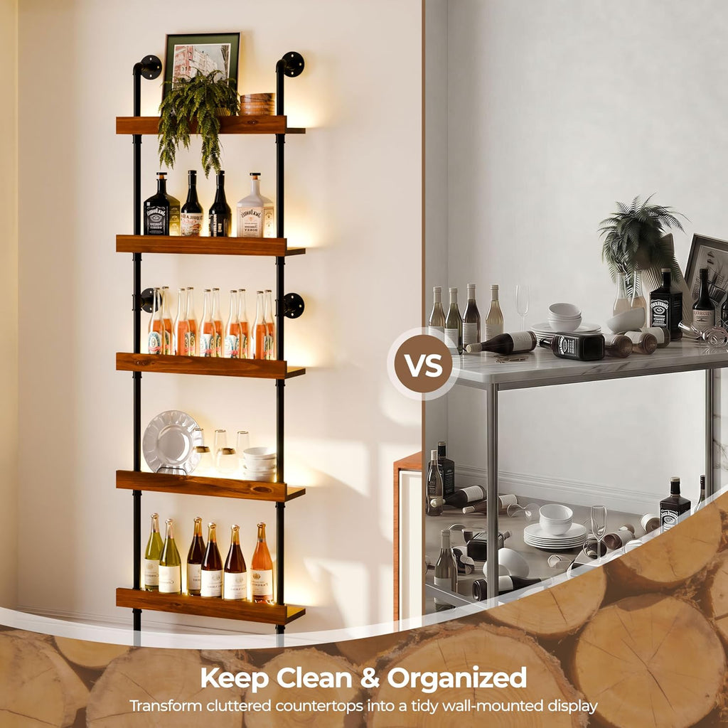 Industrial Bar Shelves, Wine Rack Wall Mounted, Walnut, 24 Inch | solid pinewood, industrial iron pipe, 5 tier, 30