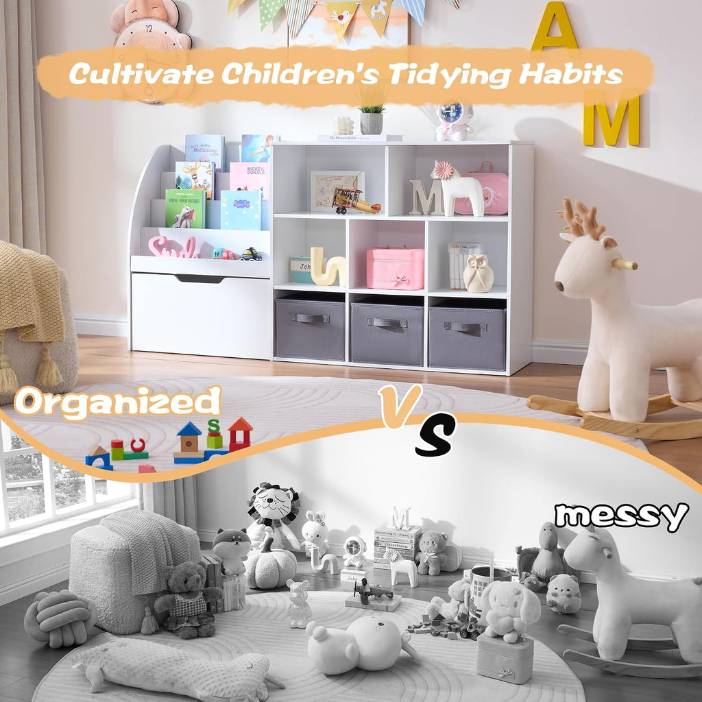 Kids Bookshelf and Toy Storage, 58.5'' Toy Storage Organizer with Movable Chests & 3 Storage Bins, Large Kids Reading