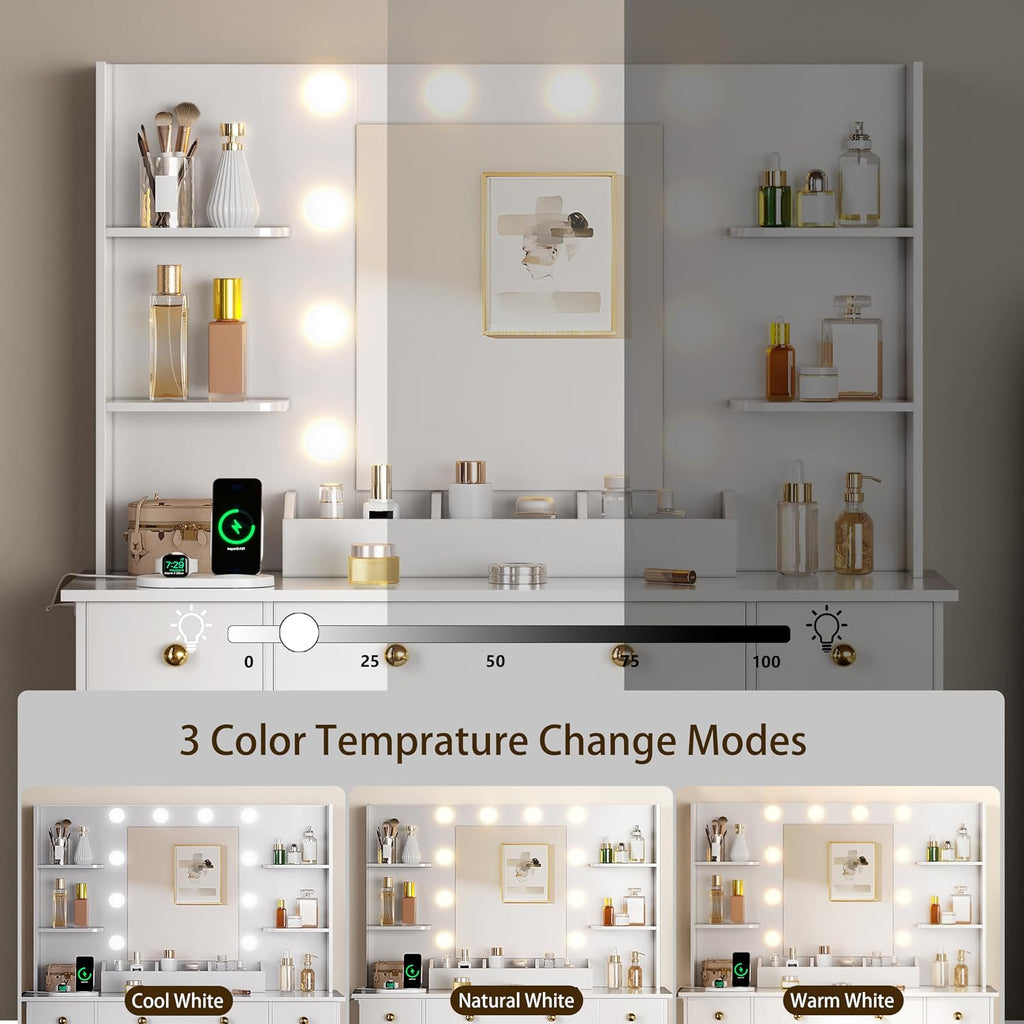 Vanity Desk with Mirror and Lights, Makeup Vanity with Mirror and LED Lights & Power Outlet, 3 Drawers and Cabinets