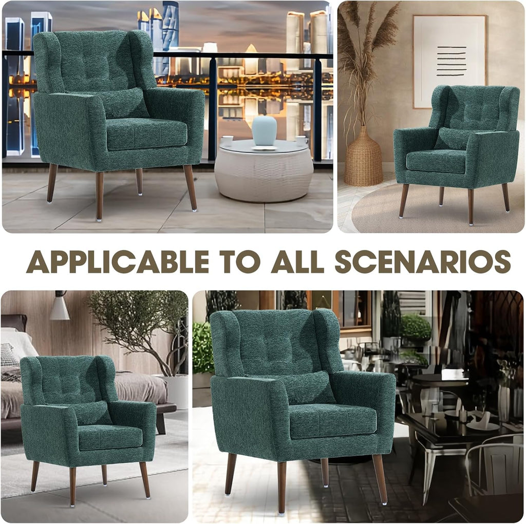 Accent Arm Chairs , Chenille Upholstered Mordern Armchair, Comfy Soft Padded Lounge Chair , Pillow, Solid Wood Leg