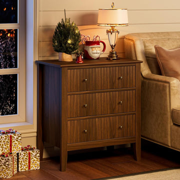 Night Stand, Fluted 3 Drawer Wide Farmhouse Nightstand with Gold Handle, Larger Wider Modern Bedside End Table