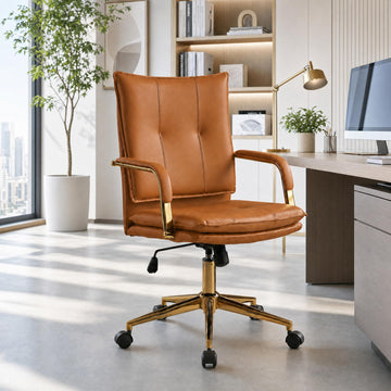 Office Chair, Mid-Back Ergonomic PU Leather Desk Chair, Mid Century Modern Office Chair, Swivel Comfy Upholstered