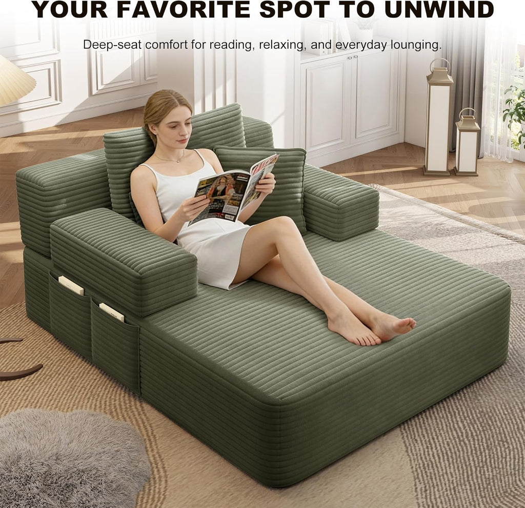 60.2" Oversized Chaise Lounge Chair, Boneless Corduroy Cloud Couch, Deep Seat Convertible Sofa Bed with 3 Pillows