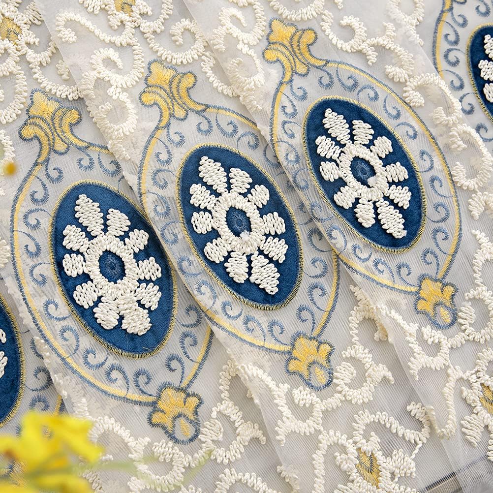Beige Embroidered Sheer with Blue Pattern European Style Curtains for Bedroom Transparent Tulle,Grommet Top,52" W x