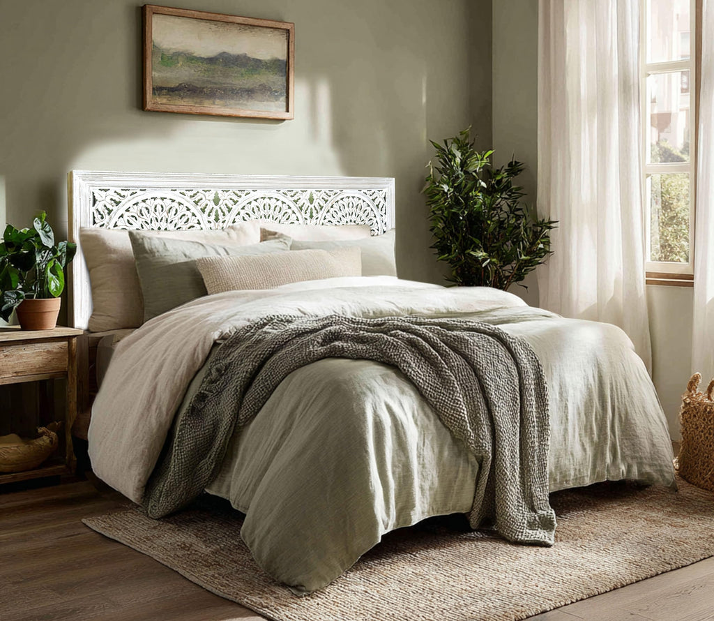 Solid Wood Sturdy Queen Headboard - Rustic Whitewash