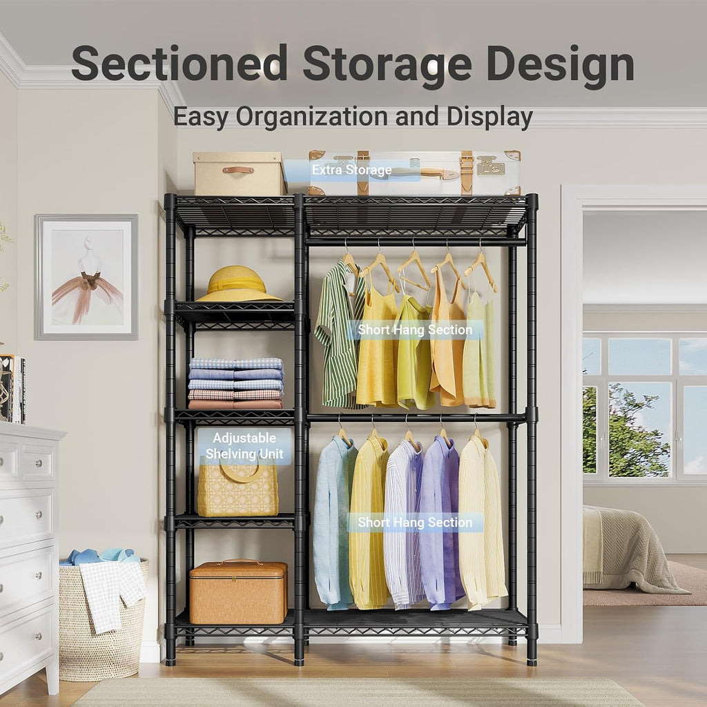 V7 Clothes Rack with Shelves Heavy duty Closet for Hanging Clothes | 5 Tiers Adjustable Wire Shelving, Double Hanging