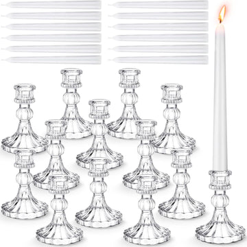 24 Pcs Glass Taper Candle Holder Sets 12 Candlestick Holder with 12 White Long Candles for Wedding Party Decor Dinner