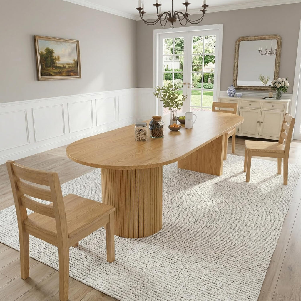 43-95 Inch Oval Extendable Dining Table for 4-10, Fluted Space Saving Long Round Kitchen Table with 3 Leaf, 2