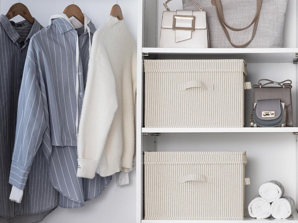 Fabric Storage Bins with Lid, Decorative Storage Boxes for Shelves, Stackable Closet Organizer Basket with Handles