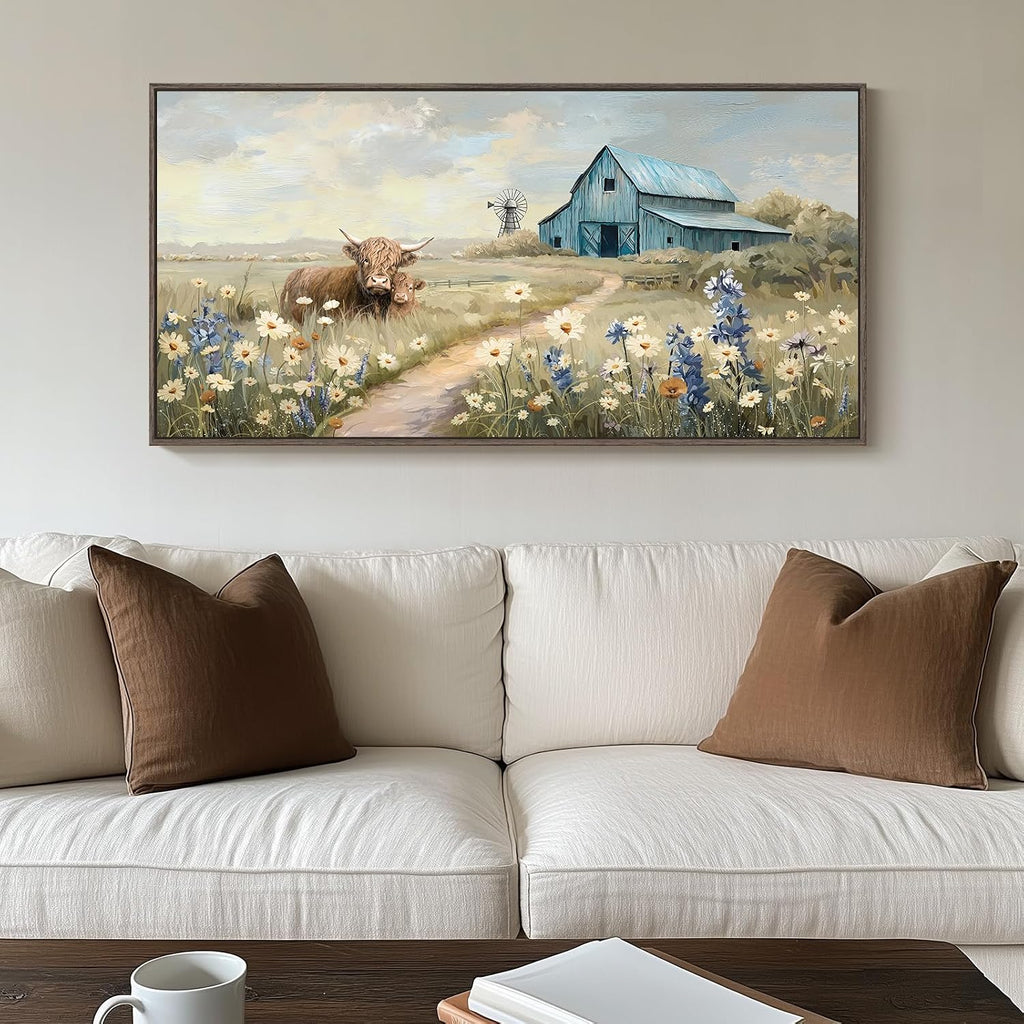 Framed Large Barn Farmhouse Canvas Wall Art , Highland Cow Windmill Wildflower Pictures Wall Art Decor Vintage