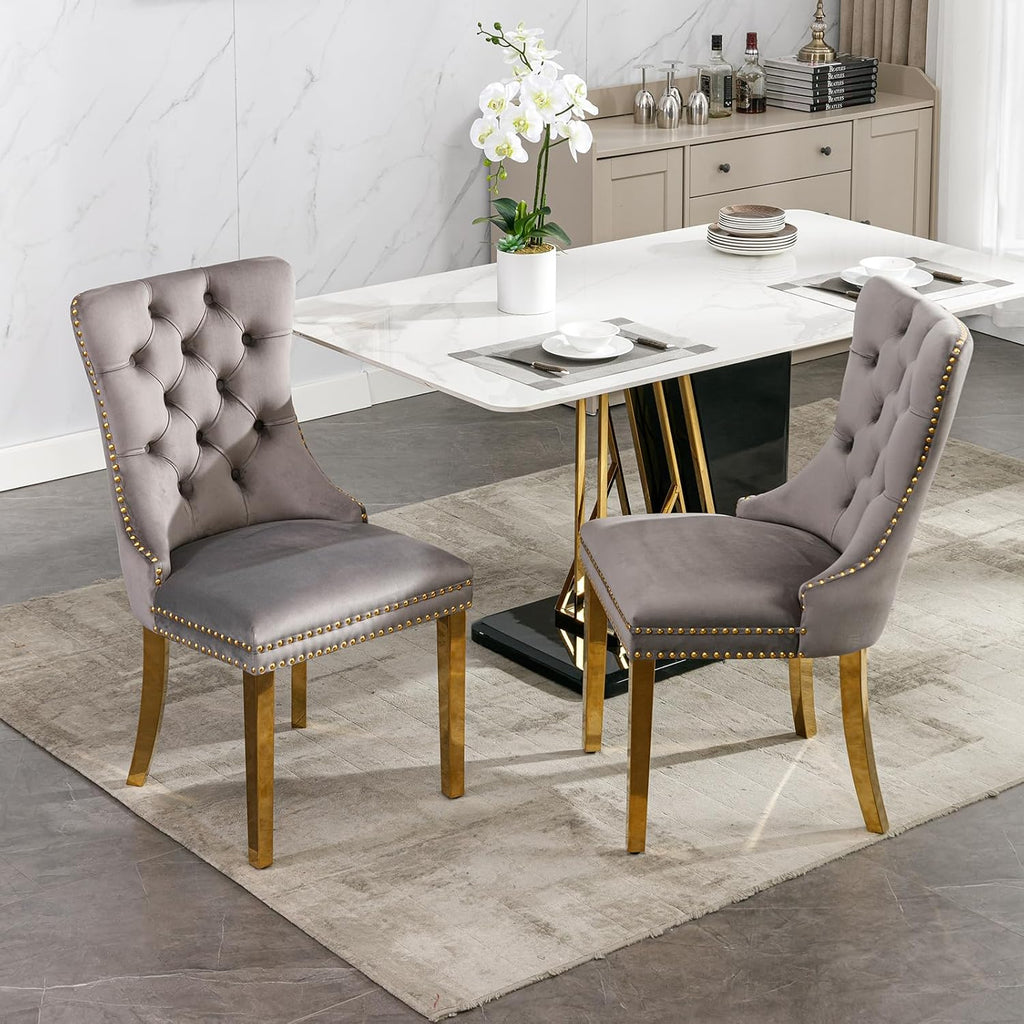 Grey Velvet Dining Chairs Set of 4, Upholstered Tufted Kitchen Chairs with Gold Legs, Mid Century Modern Dining Room