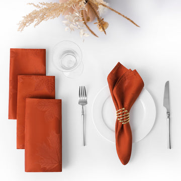 Fall Jacquard Dinner Napkins 20 x 20 Inch Set of 4, Burnt Orange