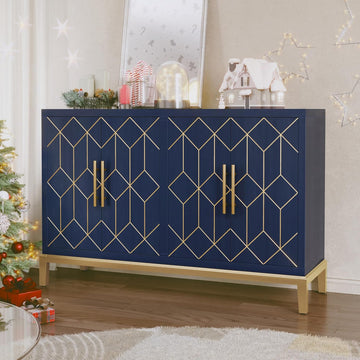48" Accent Cabinet with 4 Doors and Shelves, Modern Credenza Storage Cabinet with Gold Trim