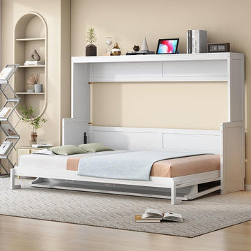 Horizontal Murphy Bed Queen,Hidden Folding Wall Bed Frame with Hydraulic Lift&Desk,Wood Cabinet Platform Bed can be