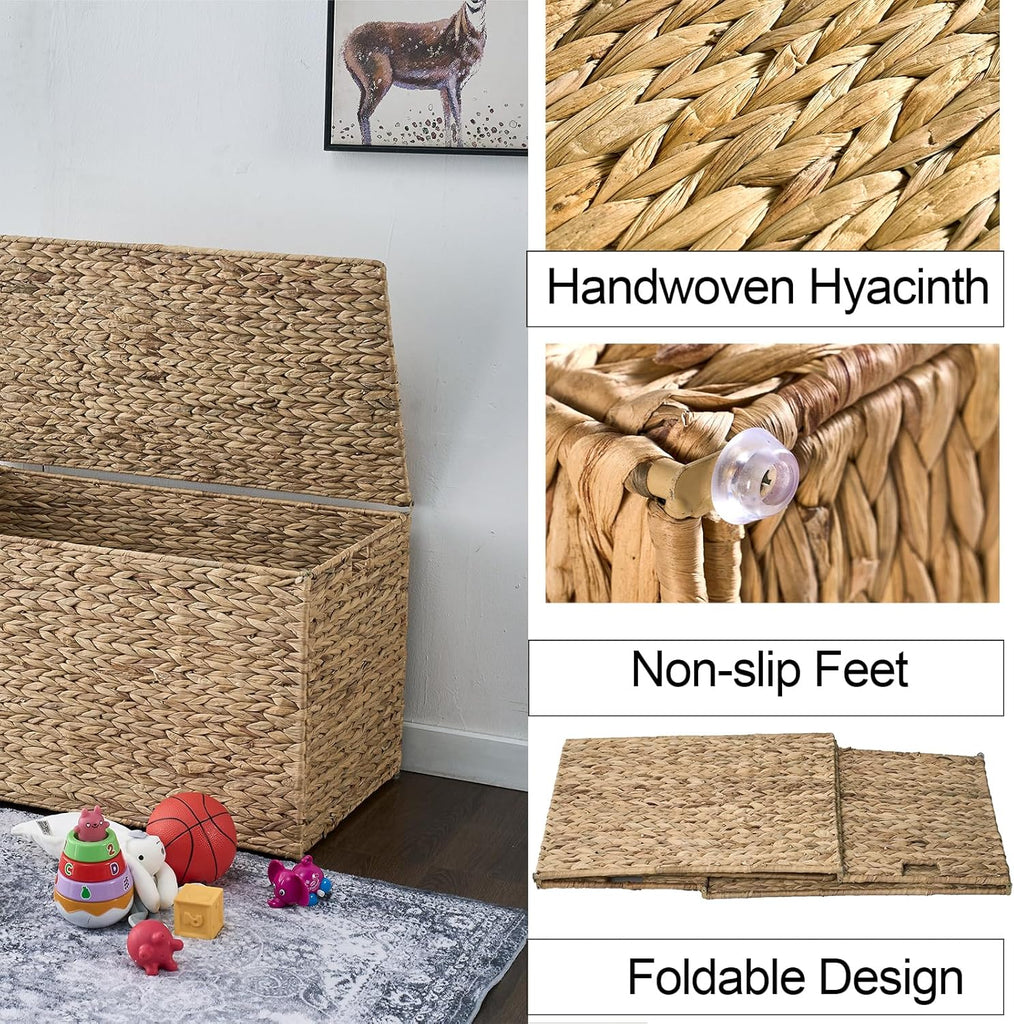 Water Hyacinth Storage Basket with Lid, 52.8 Gallon (200L) Wicker Storage Trunk with Handles, Handwoven Large Wicker