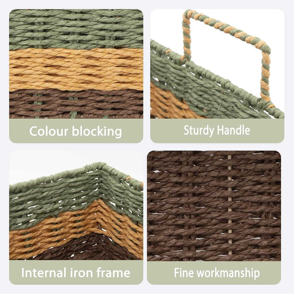 Handmade Rectangle Woven Paper Rope Storage Basket with Iron Frame,Basket with handles Decor, Shelf & Desktop