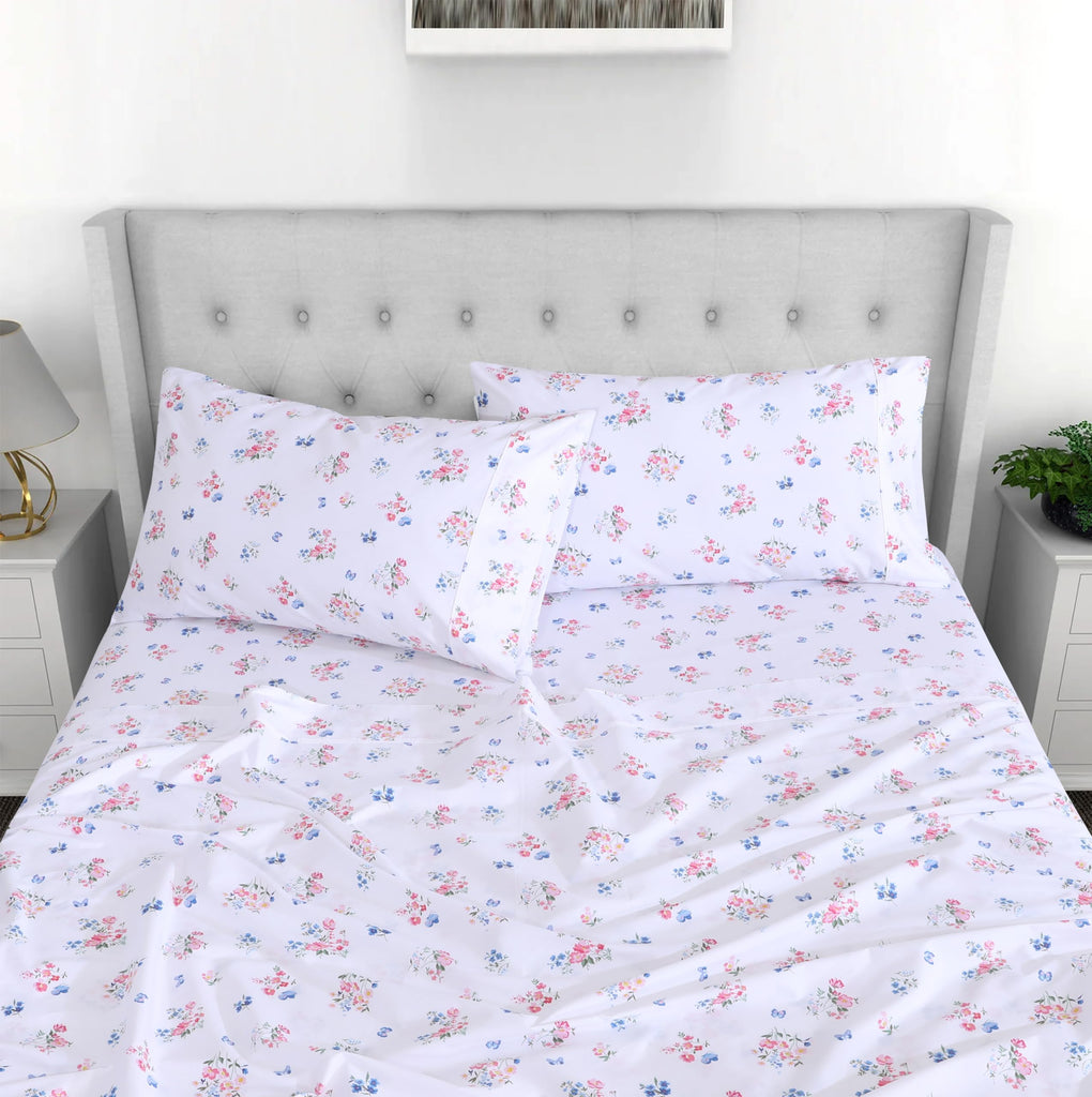 100% Cotton Split King Sheets, Percale Sheet Set, Funa Flora