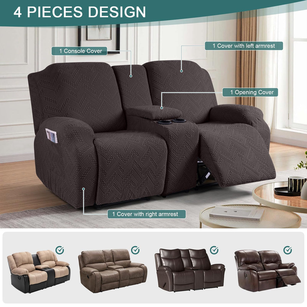 Stretch Loveseat Recliner Cover with Console, Chocolate