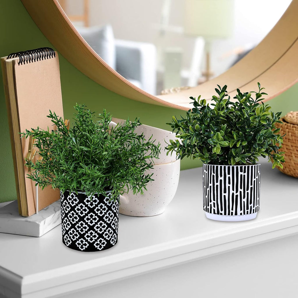 3-Pack Artificial Potted Plants - Faux Eucalyptus, Rosemary, Boxwood Greenery in Small Black & White Geometric