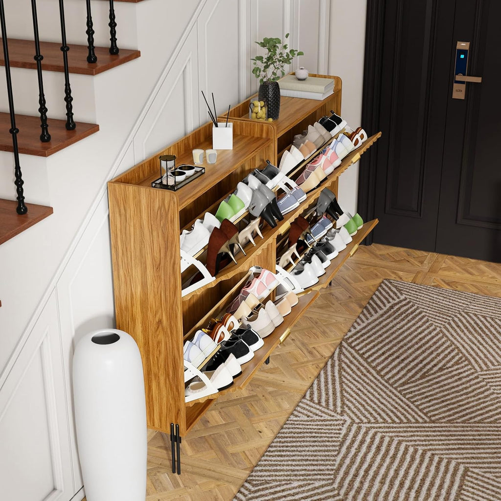 Two-Layer Shoe Cabinet with Two Flip Drawers,Wooden Thin Shoe Cabinet with Metal Handles and Metal Legs,Anti-Dump
