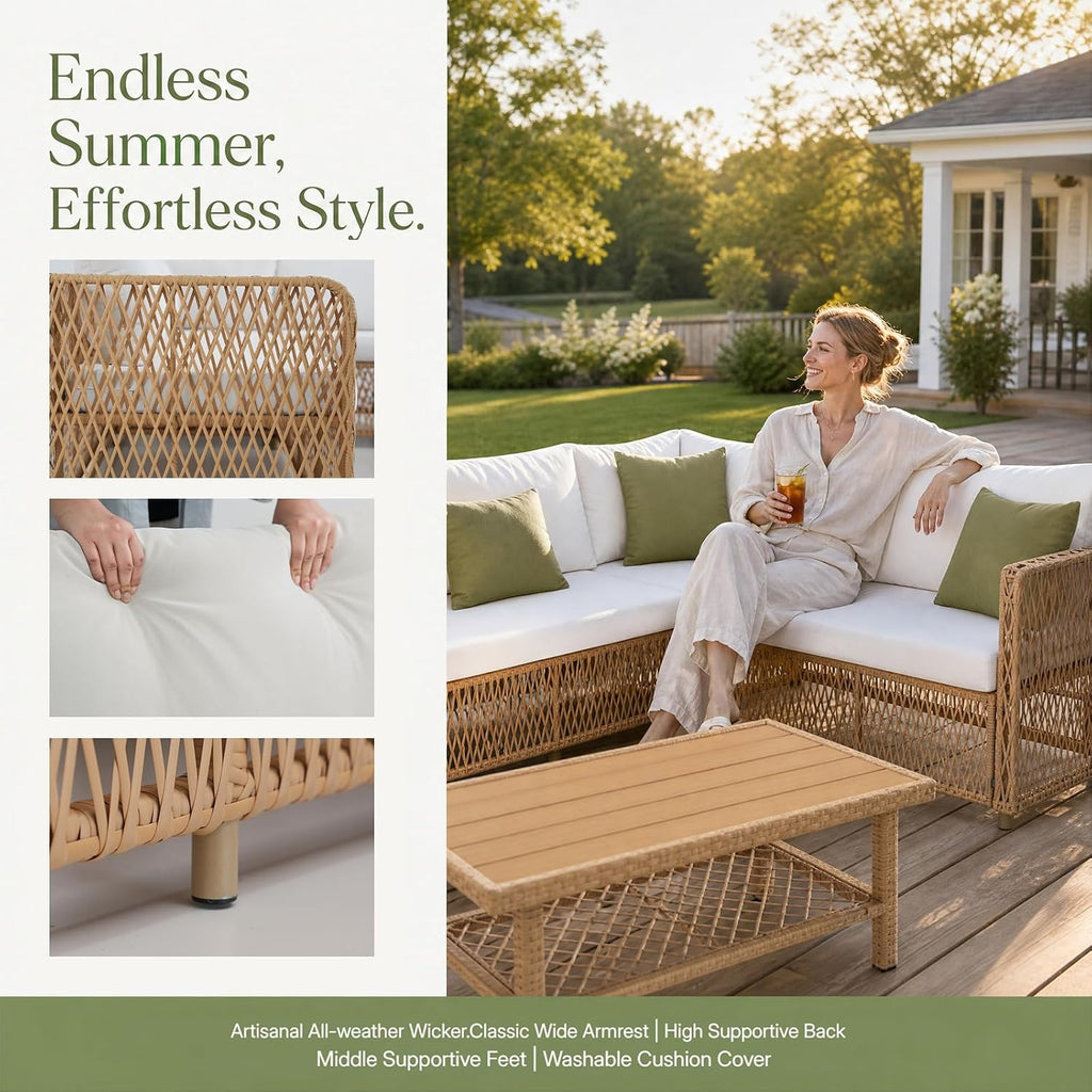 Patio Sectional Furniture Set with Waterproof Cover, Oversized Wicker Outdoor Furniture Set w/Water-Resistant Fabric